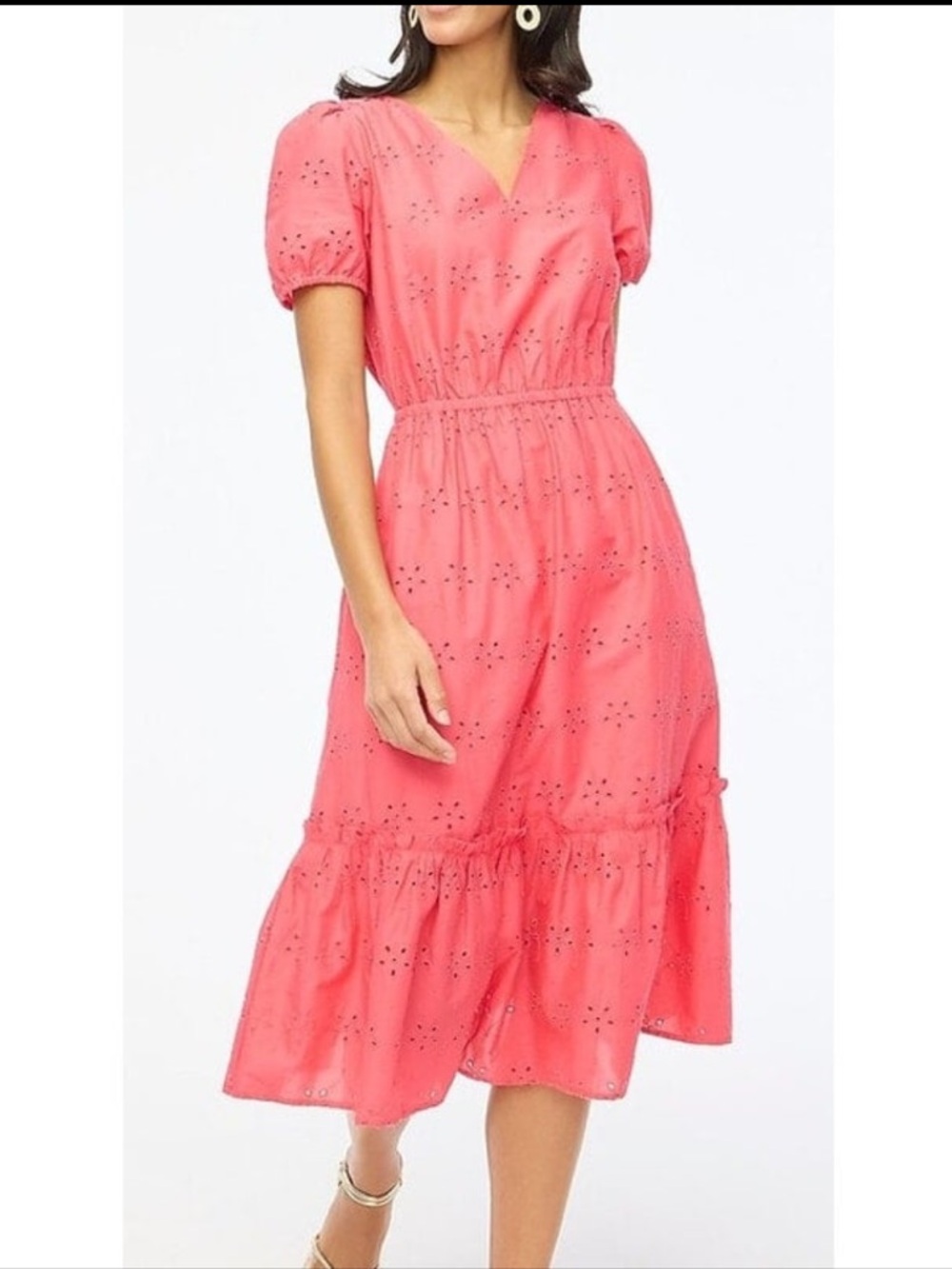 J. Crew Eyelet Tiered Midi Dress Guava Pink Puffed White Sleeves Size 8